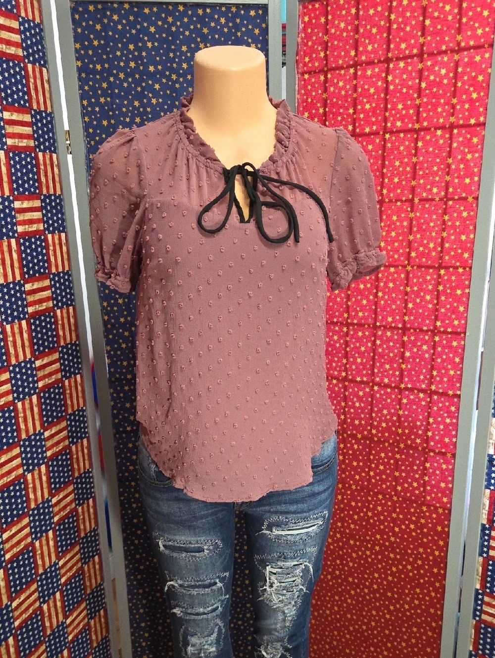 Monteau Dusty Mauve Swiss Dot Tie-Neck Blouse